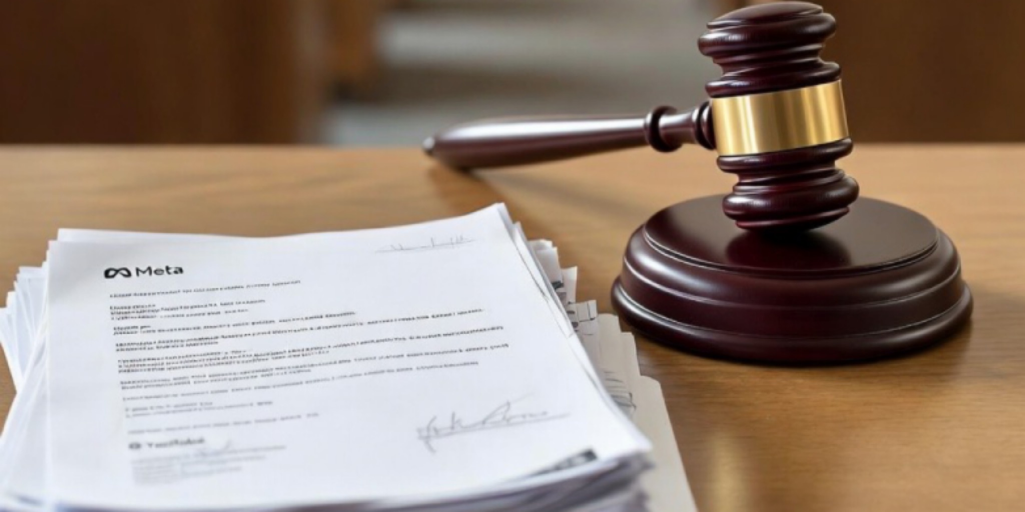 صورة تظهر مطرقة القاضي (Gavel) الخشبية مستندة على قاعدة دائرية على طاولة مكتب خشبية، وإلى يسارها حزمة من الوثائق القانونية البيضاء المطبوعة التي يظهر على الصفحة العليا منها بوضوح شعار شركة "ميتا" (Meta) القديم (اللامتناهي) بجوار كلمة "Meta"، كرمز للإجراءات القضائية في محاكمة إدمان وسائل التواصل.