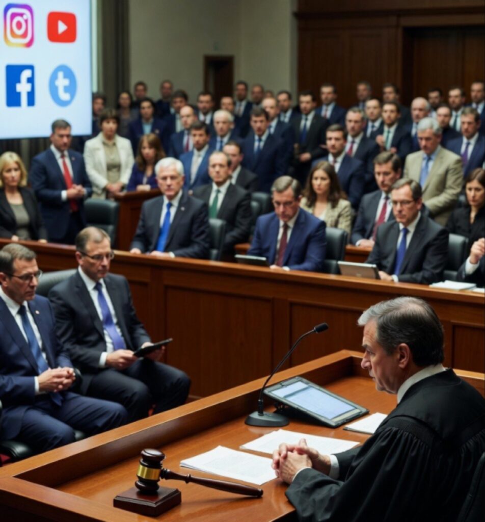 مشهد قاعة محكمة يظهر قاضياً وشاشة عرض تعرض شعارات إنستجرام ويوتيوب وفيسبوك، مما يرمز إلى الإجراءات القانونية ضد شركات التواصل الاجتماعي.