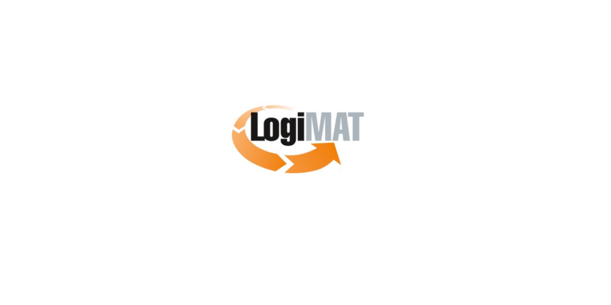 شعار معرض LogiMAT الرسمي الملون، المكون من أسهم منحنية باللون البرتقالي والرمادي تشكل جزءاً من دائرة حول كلمة "LogiMAT" المكتوبة باللون الرمادي على خلفية بيضاء.