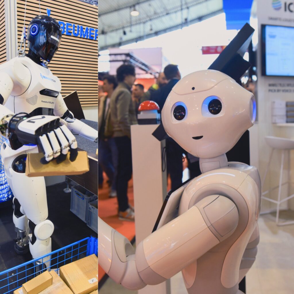 صورتان مدمجتان لروبوتات مختلفة معروضة في بيئة تجارية.