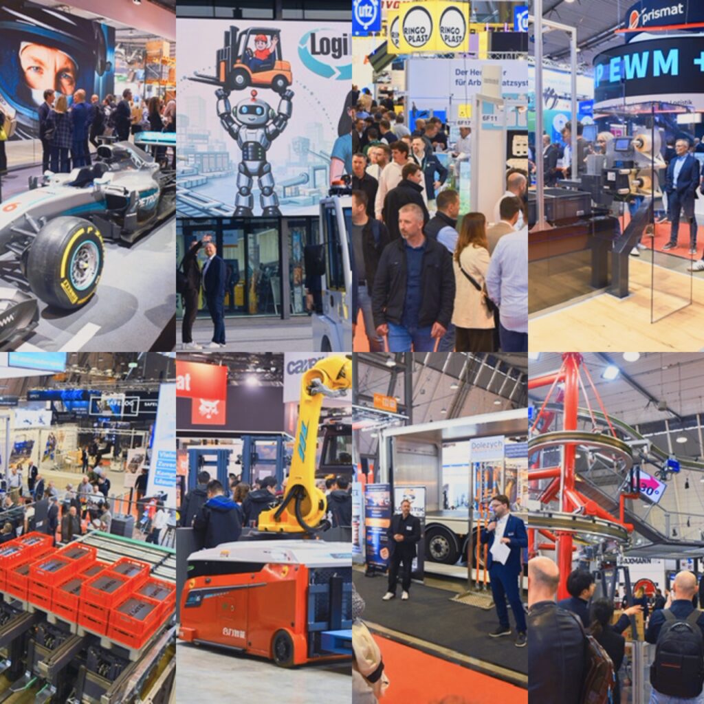 كولاج من ثماني صور داخل قاعة كبيرة مزدحمة بالزوار، يظهر روبوتات صناعية، أذرع آلية صفراء، مركبات ذاتية القيادة برتقالية، رافعات شوكية، معدات مناولة المواد، سيارة سباق فورمولا 1، وهياكل ميكانيكية كبيرة حمراء، مع لافتات شركات مثل SafeLog، Dolezych وغيرها.