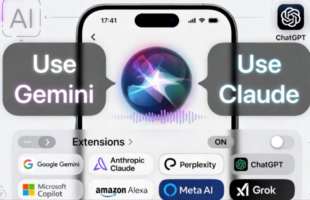 لقطة شاشة من واجهة iPhone Siri تظهر ميزة الامتدادات مفعلة (Extensions: ON) ضمن نظام iOS 27، مع فقاعات نصية "Use Gemini" و"Use Claude" وأيقونات خارجية للذكاء الاصطناعي.