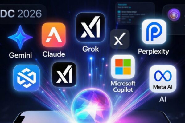 رسم بياني مستقبلي داكن الخلفية بعنوان "WWDC 2026" في الأعلى ورقم "27" في الزاوية اليمنى. في المركز، كرة بلورية متوهجة بألوان أرجوانية (تمثل Siri) تستقر فوق قاعدة هاتف iPhone. تخرج خطوط ضوئية ساطعة من الكرة لتتصل بأيقونات تطبيقات عمالقة الذكاء الاصطناعي المختلفة المرتبة حولها: Gemini (شعار النجمة الأزرق)، Claude (شعار الحرف A البرتقالي)، Grok (شعار XAI الأبيض على خلفية سوداء)، Perplexity (شعار P الأزرق والأسود)، Microsoft Copilot (شعار النوافذ الملون)، وMeta AI (شعار اللانهاية الأزرق). أيقونات Apple Intelligence والرسوم البيانية ظاهرة على الجانبين.