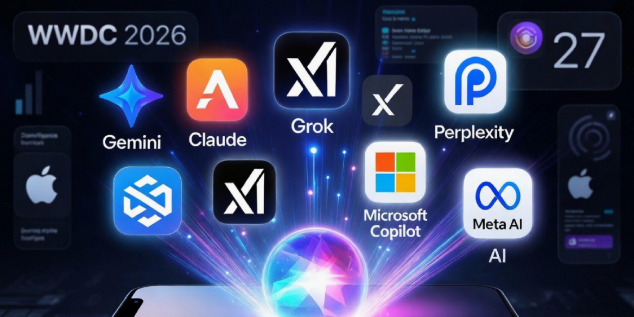 رسم بياني مستقبلي داكن الخلفية بعنوان "WWDC 2026" في الأعلى ورقم "27" في الزاوية اليمنى. في المركز، كرة بلورية متوهجة بألوان أرجوانية (تمثل Siri) تستقر فوق قاعدة هاتف iPhone. تخرج خطوط ضوئية ساطعة من الكرة لتتصل بأيقونات تطبيقات عمالقة الذكاء الاصطناعي المختلفة المرتبة حولها: Gemini (شعار النجمة الأزرق)، Claude (شعار الحرف A البرتقالي)، Grok (شعار XAI الأبيض على خلفية سوداء)، Perplexity (شعار P الأزرق والأسود)، Microsoft Copilot (شعار النوافذ الملون)، وMeta AI (شعار اللانهاية الأزرق). أيقونات Apple Intelligence والرسوم البيانية ظاهرة على الجانبين.
