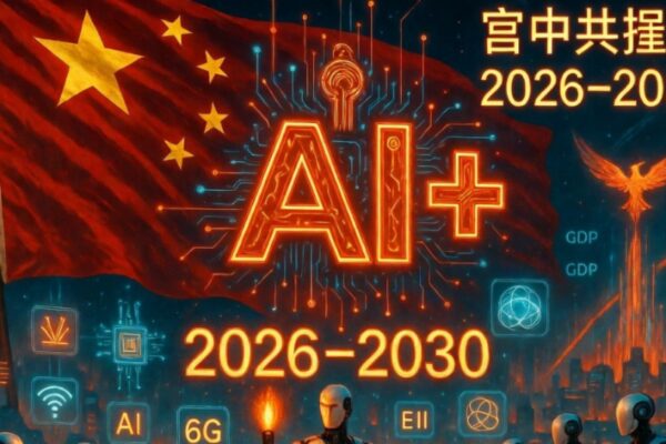 رسم بياني مستقبلي لدمج Siri والروبوتات البشرية تحت شعار "AI+" لتجسيد خطة الذكاء الاصطناعي الصينية (2026-2030) مع رسوم GDP.