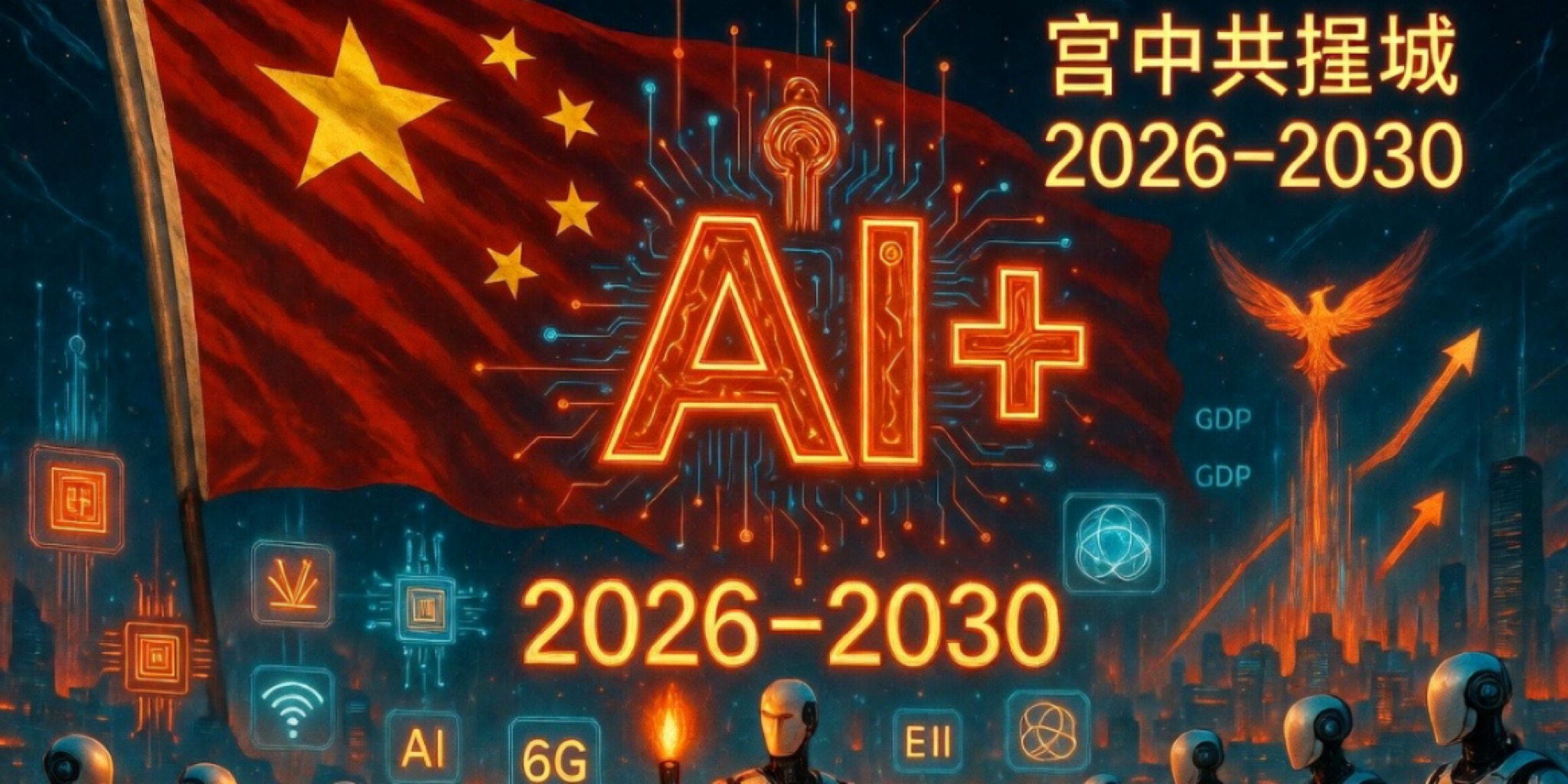 رسم بياني مستقبلي لدمج Siri والروبوتات البشرية تحت شعار "AI+" لتجسيد خطة الذكاء الاصطناعي الصينية (2026-2030) مع رسوم GDP.