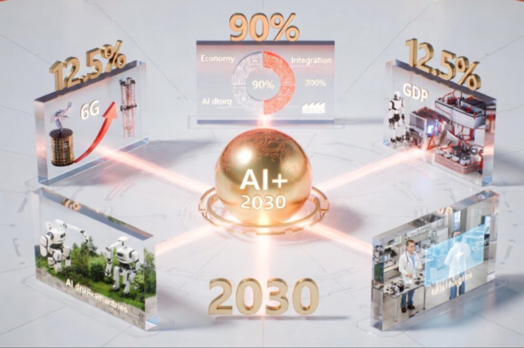 لقطة قريبة لعنصر مركزي دوار ذهبي-برونزي يحمل نص 'AI+ 2030'، تشع منها خطوط ضوئية متصلة بأربعة ألواح عرض محيطية تجسد أهداف 'خطة الذكاء الاصطناعي الصينية'. تظهر الألواح نسب أهداف الخطة: '90% دمج اقتصادي' و'12.5% GDP'، ونماذج مصغرة لروبوتات، وبحوث طبية، وتكنولوجيا 6G.