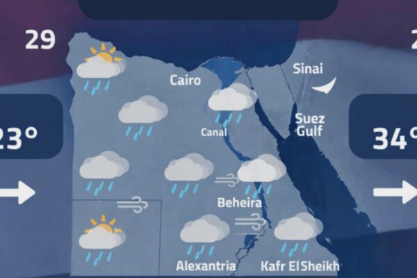 خريطة لجمهورية مصر العربية توضح توزيع السحب الممطرة والمنخفضة فوق القاهرة والدلتا والقناة، مع أيقونات لنشاط الرياح ودرجات حرارة متباينة بين 23 درجة للشمال و34 درجة للجنوب، لتلخيص حالة طقس مصر اليوم الأحد 29 مارس 2026.