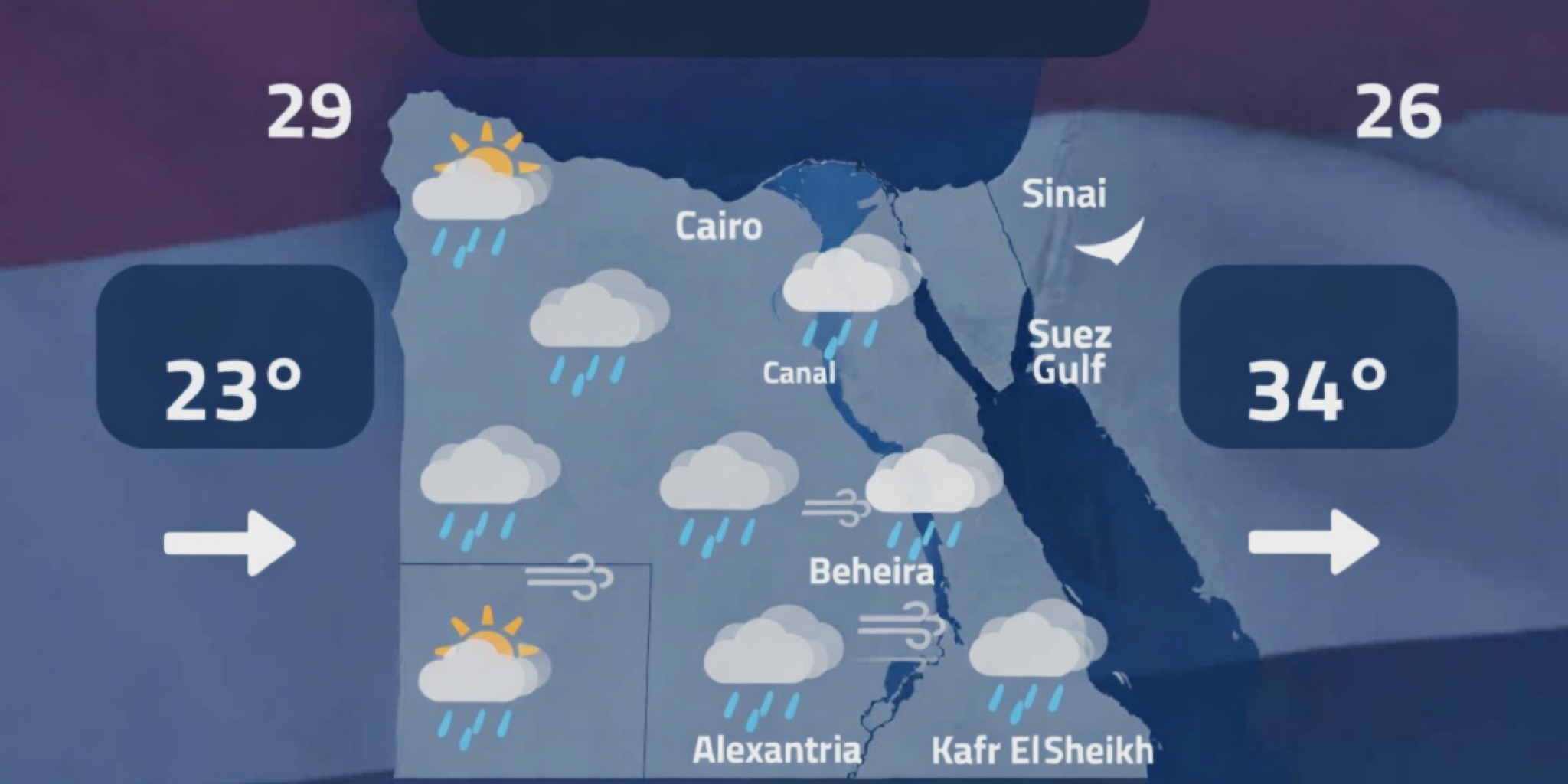 خريطة لجمهورية مصر العربية توضح توزيع السحب الممطرة والمنخفضة فوق القاهرة والدلتا والقناة، مع أيقونات لنشاط الرياح ودرجات حرارة متباينة بين 23 درجة للشمال و34 درجة للجنوب، لتلخيص حالة طقس مصر اليوم الأحد 29 مارس 2026.