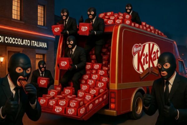 صورة كوميدية لسرقة منتجات كيت كات حيث يحمل اللصوص 12 طن شوكولاتة في شاحنة أمام المصنع