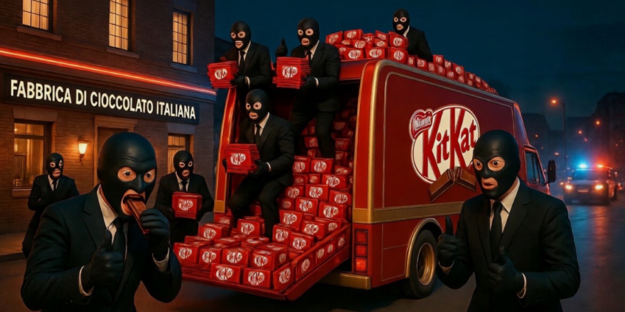 صورة كوميدية لسرقة منتجات كيت كات حيث يحمل اللصوص 12 طن شوكولاتة في شاحنة أمام المصنع