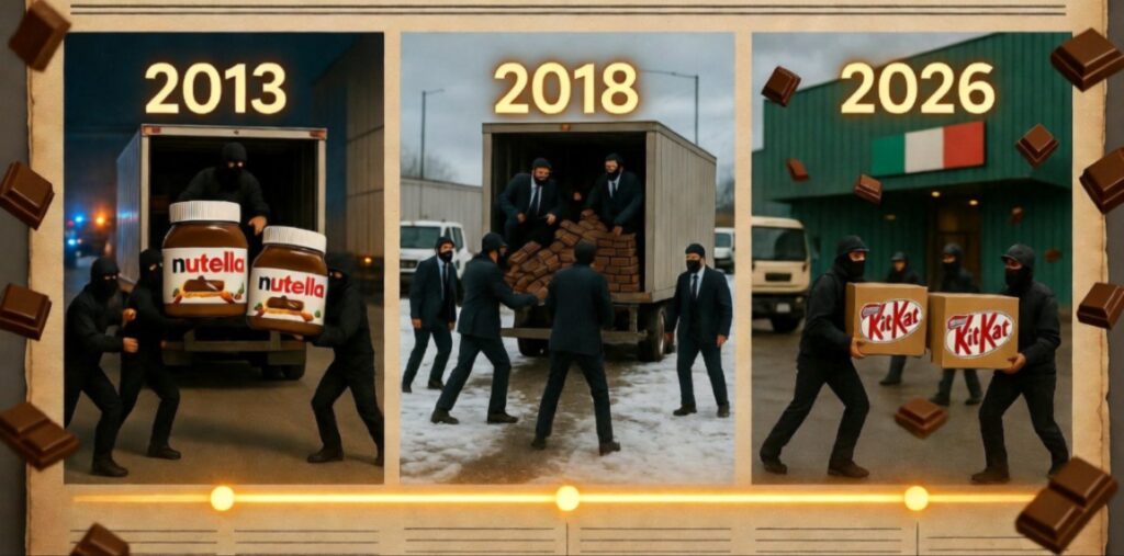 كولاج زمني على شكل جريدة قديمة يوضح تاريخ سرقات الحلويات المتكرر: سرقة 5 أطنان نوتيلا في ألمانيا 2013، سرقة ثلاث مقطورات شوكولاتة في تورونتو 2018، وسرقة 12 طن كيت كات في إيطاليا 2026.