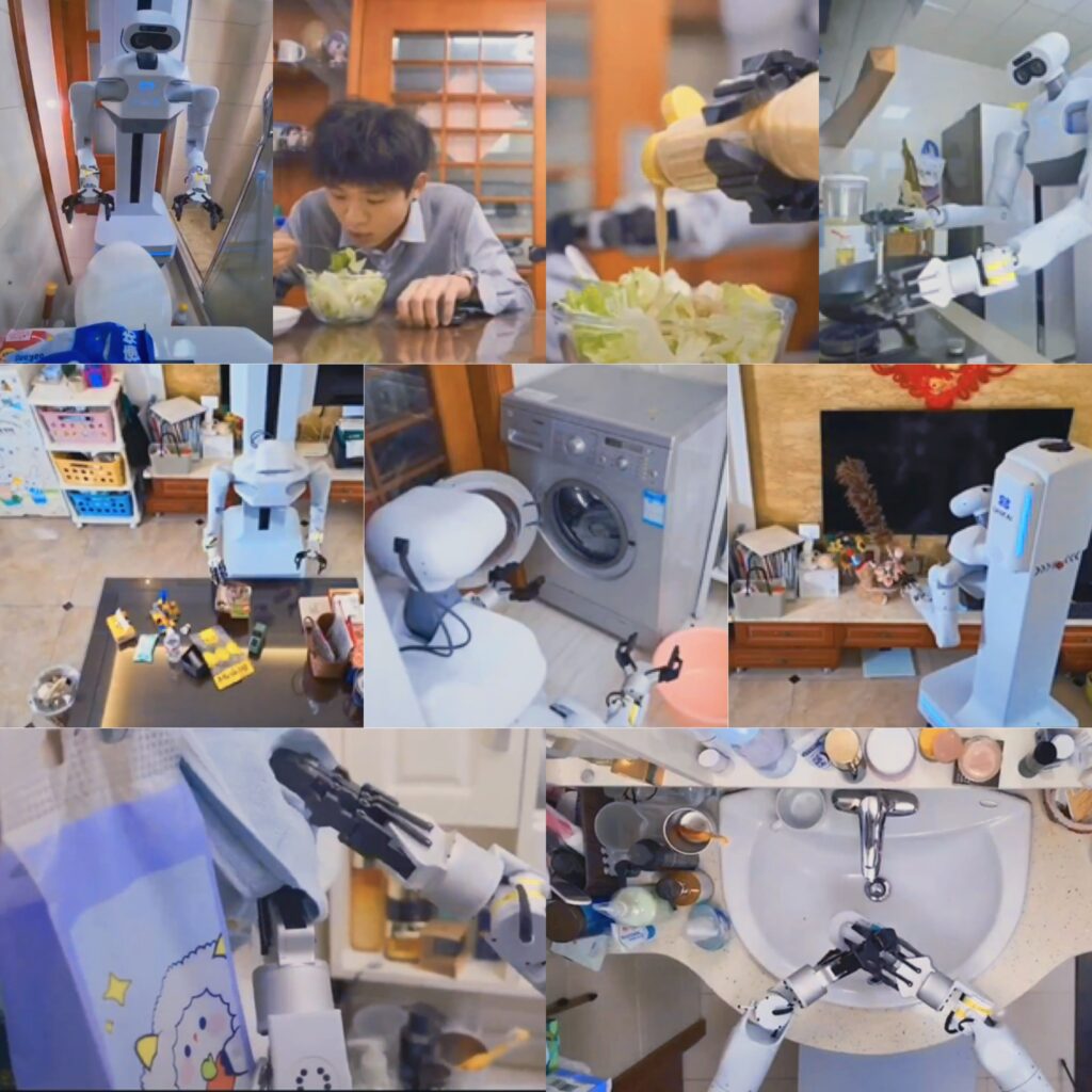 كولاج من الصور الحقيقية يظهر الروبوت المنزلي الصيني Panther أثناء أدائه مهام يومية متنوعة داخل منزل حقيقي في سوتشو: طهي الطعام، سكب المواد، مساعدة الطفل في الأكل، غسل الأطباق، تشغيل الغسالة، تنظيف الحمام، وترتيب الأغراض.