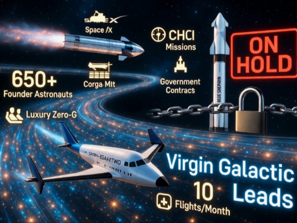 كولاج سينمائي يوضح سباق سياحة الفضاء: فيرجن جالاكتيك تتقدم في المقدمة مع خطة 10 رحلات شهرياً، بينما بلو أوريجين متوقفة تماماً، وسبيس إكس تركز على الشحن والعقود الحكومية، مع شعار 650+ رائد فضاء مؤسس.