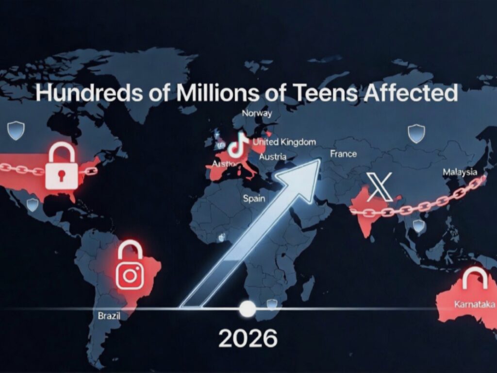 خريطة عالمية توضح اتجاه حظر وسائل التواصل للمراهقين في 2026، مع سلاسل وقفل أحمر على أستراليا وإندونيسيا والبرازيل وفرنسا ودول أوروبية وآسيوية أخرى، وخط زمني يشير إلى تأثير مئات الملايين من المراهقين.