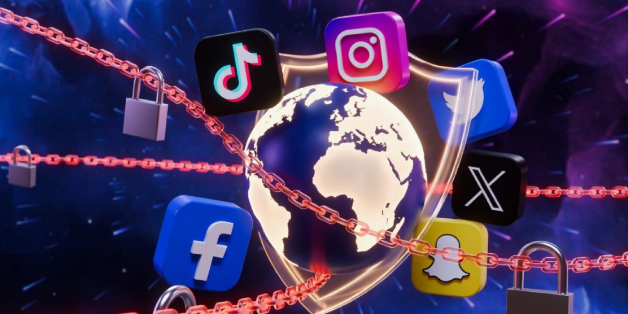 صورة رئيسية ملونة درامية توضح خريطة العالم مع أيقونات مواقع التواصل الاجتماعي (تيك توك، إنستغرام، فيسبوك، إكس) مقيدة بسلاسل وقفل أحمر، مع درع حماية يحمي الكرة الأرضية.