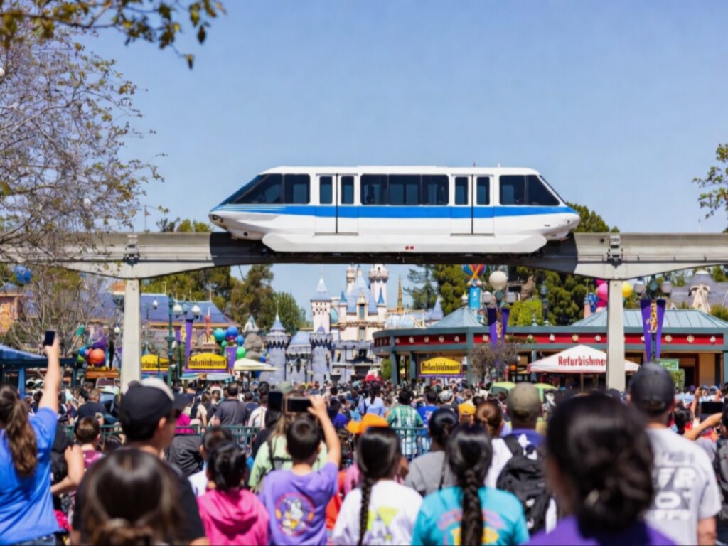 قرار إغلاق ملاهي ديزني لاند - قطار Monorail الأيقوني متوقف تماماً مع لافتة "Closed for Refurbishment" واضحة وحشود زوار محبطة يصورون المشهد أمام قلعة Sleeping Beauty في ديزني لاند آناهايم خلال عطلة الربيع 2026.