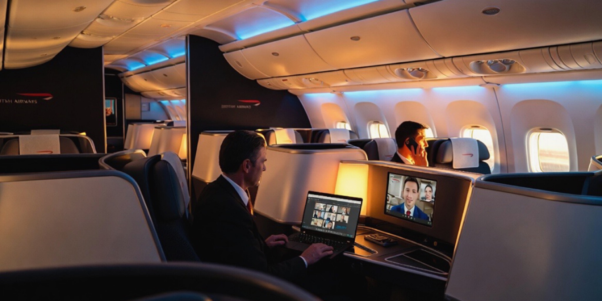 صورة تخيلية لطائرة شركة British Airways بوينج 787 تحلق على ارتفاع ٤٠ ألف قدم مع ركاب يجرون مكالمات فيديو واجتماعات Zoom داخل المقصورة بتقنية Starlink