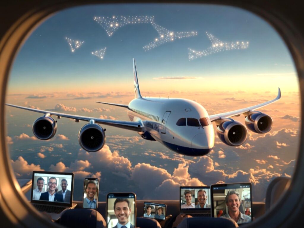 صورة تخيلية من داخل مقصورة درجة رجال الأعمال في طائرة تابعة لشركة British Airways يظهر راكب يجري اجتماع Zoom على اللاب توب بينما راكب آخر يتحدث عبر مكالمة فيديو، مع شعار الشركة الرسمي.