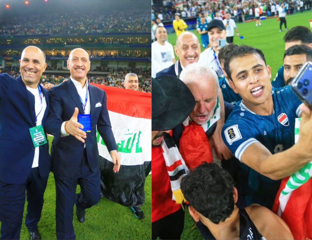فرحة لاعبي وإداريي منتخب العراق برفع العلم العراقي في ملعب Estadio BBVA بعد التأهل التاريخي لكأس العالم 2026.