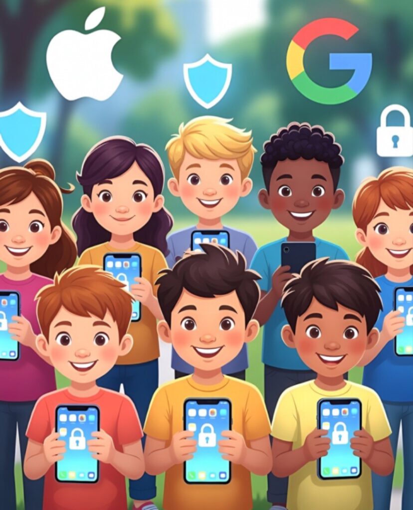 أطفال يحملون هواتف ذكية مع دروع حماية آبل وجوجل.