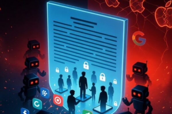 صورة توضيحية رقمية لـ مشروع قانون حماية الأطفال في أمريكا. درع أزرق مضيء مركزي يحمل نصًا هيروغليفيًا، أمامه صور ظلية لأشخاص محاطين بأقفال أمان بيضاء مضيئة. حول الدرع، ستة روبوتات صغيرة سوداء ذات عيون حمراء مضيئة تبدو مهددة. في الخلفية، شبكة من البرق الأحمر المكسور وشعار Apple المكسور والمتشقق وشعار Google "G" متماسك. أيقونات Facebook وTarget وSnapchat وأيقونة أمان أخرى في المقدمة.