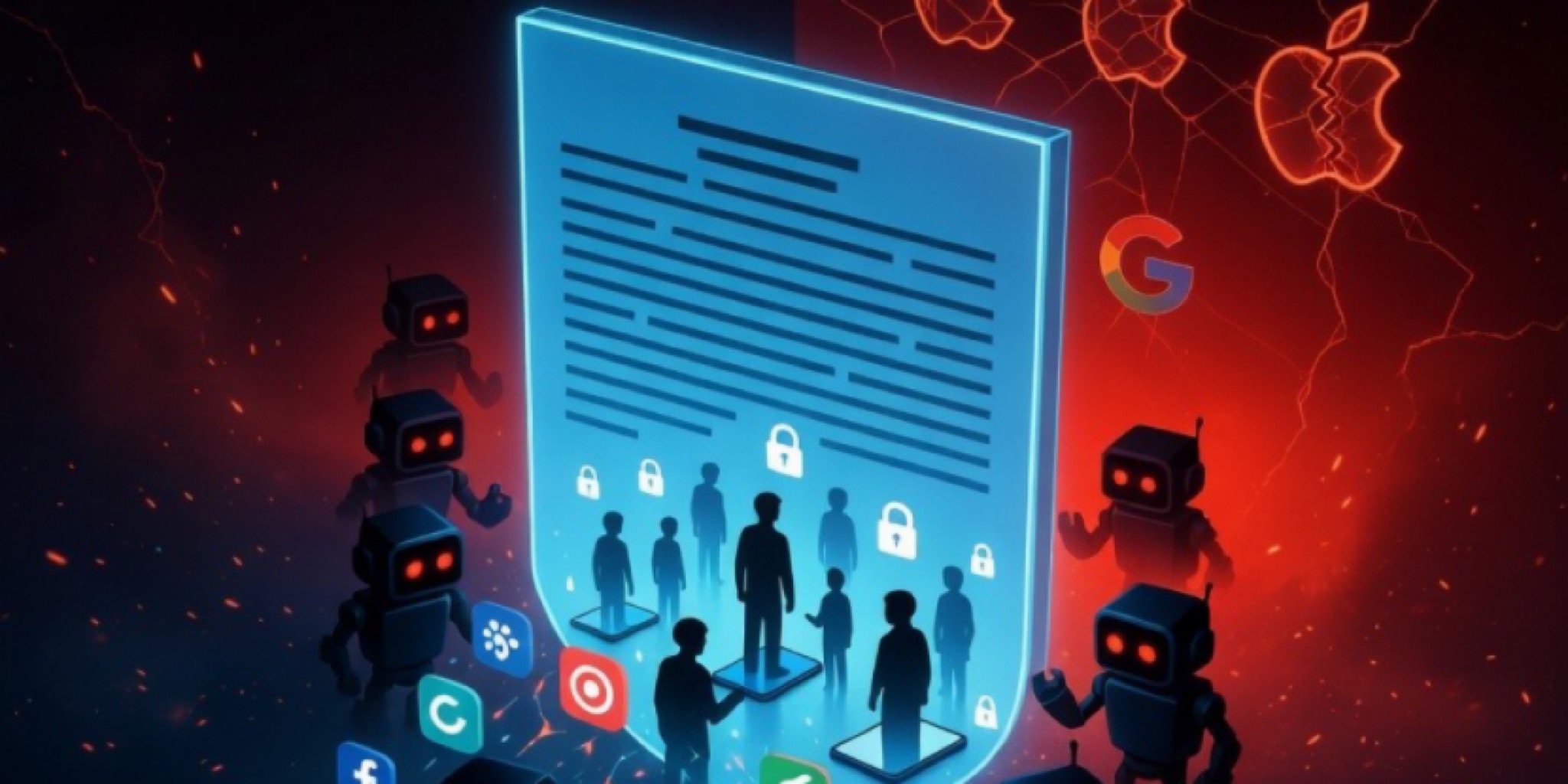 صورة توضيحية رقمية لـ مشروع قانون حماية الأطفال في أمريكا. درع أزرق مضيء مركزي يحمل نصًا هيروغليفيًا، أمامه صور ظلية لأشخاص محاطين بأقفال أمان بيضاء مضيئة. حول الدرع، ستة روبوتات صغيرة سوداء ذات عيون حمراء مضيئة تبدو مهددة. في الخلفية، شبكة من البرق الأحمر المكسور وشعار Apple المكسور والمتشقق وشعار Google "G" متماسك. أيقونات Facebook وTarget وSnapchat وأيقونة أمان أخرى في المقدمة.