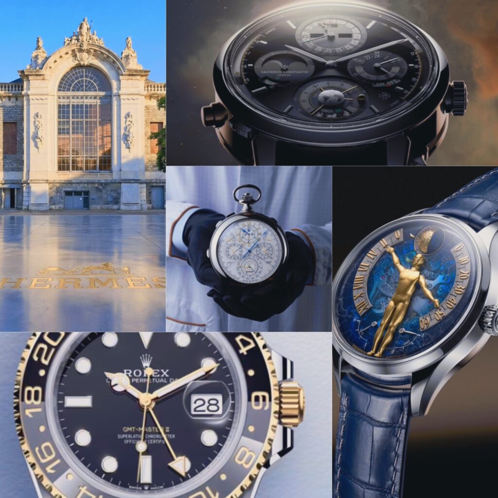 صورة كولاج لقطاع الساعات الفاخرة؛ حيث تضم لقطة لواجهة مبنى عتيق يحمل شعار Hermès، ولقطة مقربة لميناء ساعة رولكس Rolex GMT-Master II، ولقطات مقربة لساعات Vacheron Constantin المعقدة والميناءات الفنية.