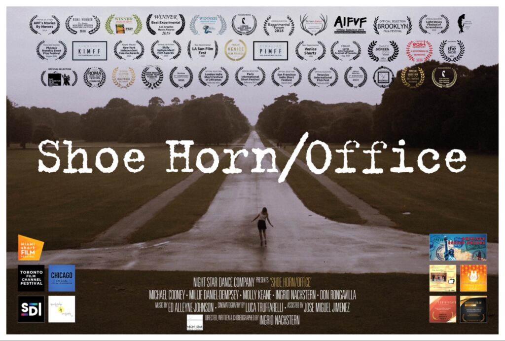 ملصق فيلم Shoe Horn / Office يظهر طريقاً طويلاً وسط حديقة واسعة مع شخص يسير في المنتصف، وتزدان الواجهة العلوية بالعشرات من شعارات جوائز المهرجانات السينمائية العالمية، مع سرد لأسماء فريق العمل والإنتاج في الأسفل.