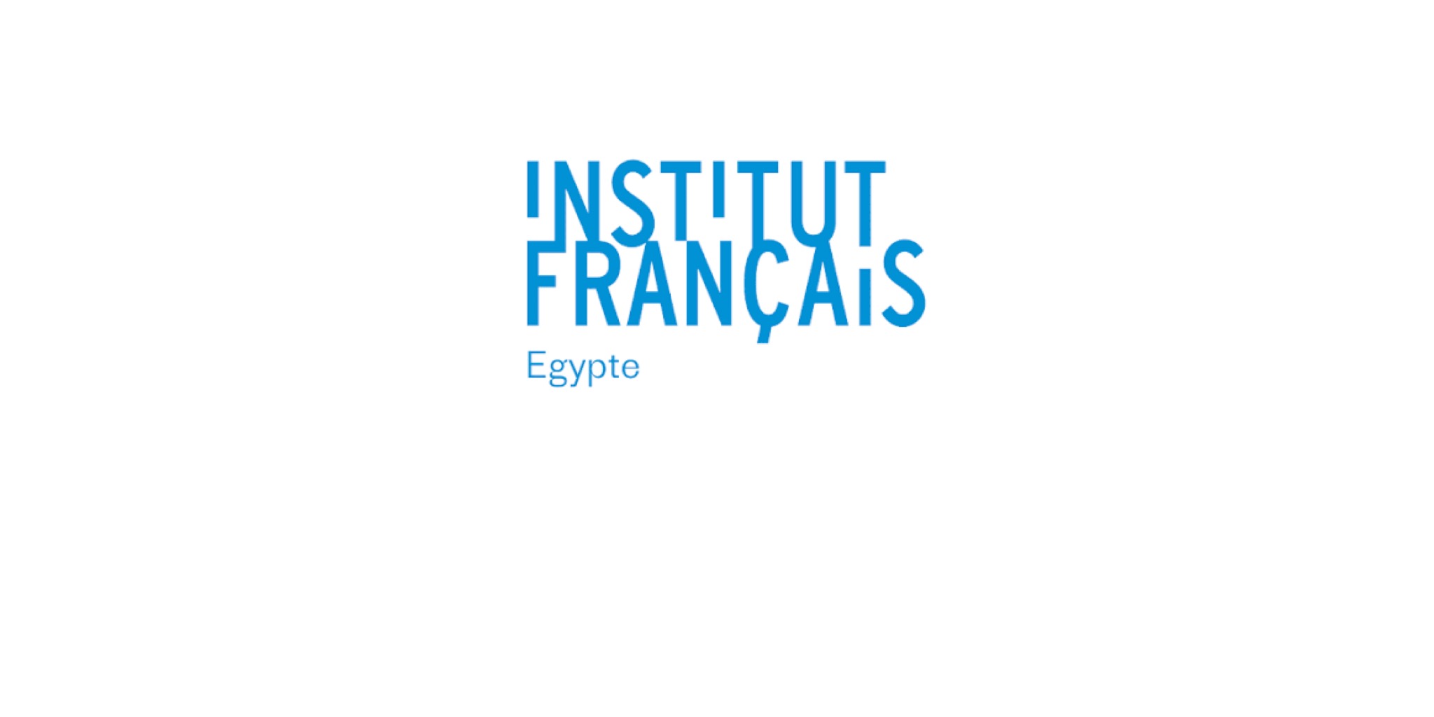 شعار جرافيكي باللون الأزرق يقرأ "INSTITUT FRANÇAIS Egypte" على خلفية بيضاء، يمثل المعهد الفرنسي في مصر.