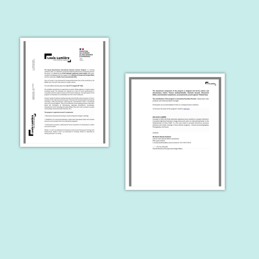 قائمة المستندات المطلوبة للتقديم لدى المعهد الفرنسي في مصر لبرنامج Sound Documentary International Intensive Summer Program لعام 2026، تشمل السيرة الذاتية، خطاب التحفيز، وملخص المشروع.