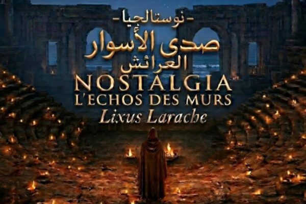 ملصق ترويجي لعرض نوستالجيا صدى الأسوار يظهر شخصاً بعباءة يقف وسط مدرجات أثرية رومانية بموقع ليكسوس في العرائش المغربية ليلاً، وتنتشر مئات القناديل المضيئة على الحجارة، مع كتابة اسم العرض بالعربية والفرنسية "Nostalgia L'Echos des Murs" بخط ذهبي.