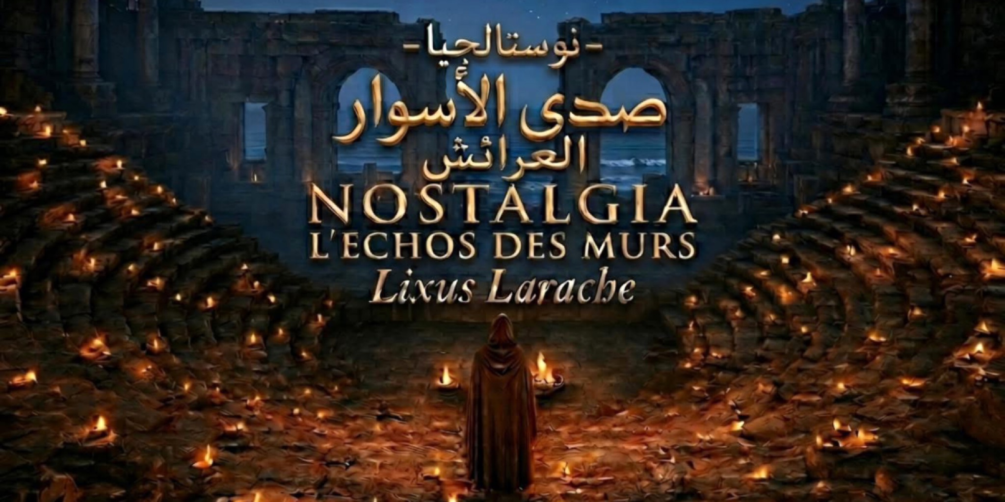ملصق ترويجي لعرض نوستالجيا صدى الأسوار يظهر شخصاً بعباءة يقف وسط مدرجات أثرية رومانية بموقع ليكسوس في العرائش المغربية ليلاً، وتنتشر مئات القناديل المضيئة على الحجارة، مع كتابة اسم العرض بالعربية والفرنسية "Nostalgia L'Echos des Murs" بخط ذهبي.
