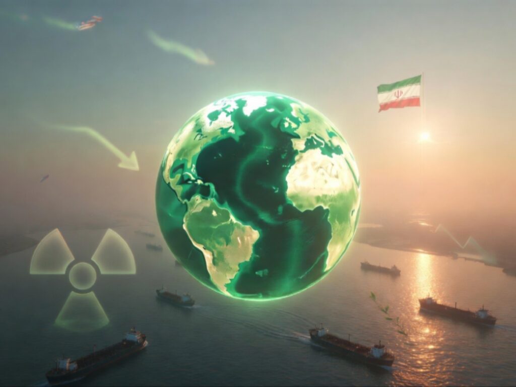 كرة أرضية خضراء متوهجة فوق مضيق هرمز المفتوح مع ناقلات نفط تمر بسلاسة، أعلام أمريكا وإيران ترفرف بانسجام، ورموز نووية تتحول إلى أغصان زيتون تحت شروق شمس هادئ، تعبر عن آفاق الاستقرار الاقتصادي العالمي بعد التهدئة النووية المرتقبة.