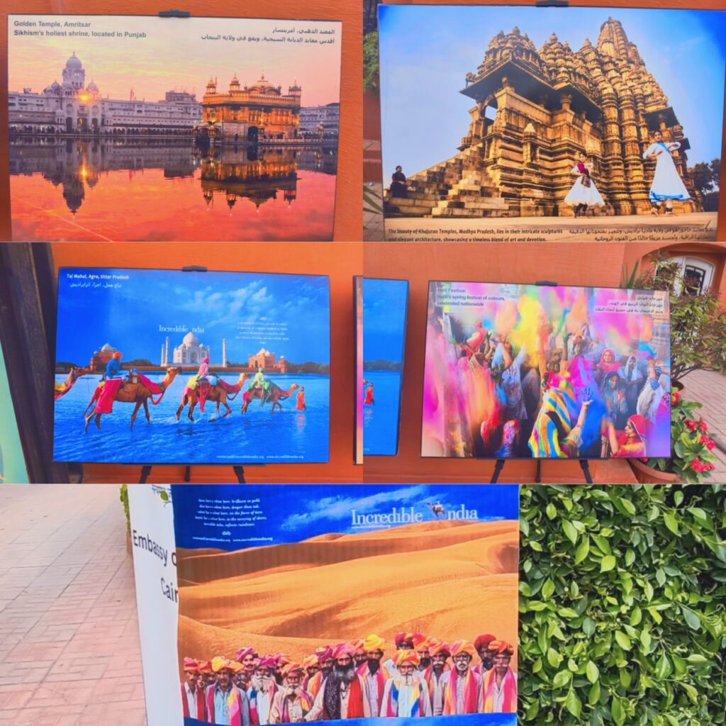 مجمعة صور فوتوغرافية مقسمة إلى خمس لوحات: تظهر اللوحة العلوية اليسرى المعبد الذهبي في أمرتسار؛ وتعرض اللوحة العلوية اليمنى رقصاً كلاسيكياً أمام معبد خاجوراهو؛ وتتوسط اللوحة الوسطى اليسرى صورة لتاج محل مع جمال تسير على الماء؛ وتجسد اللوحة الوسطى اليمنى احتفالات مهرجان هولي بالألوان؛ وتمتد لوحة عريضة في الأسفل تظهر مجموعة من رجال راجستان يرتدون عمائم ملونة، مع شعارات "إنكريدبل إنديا".