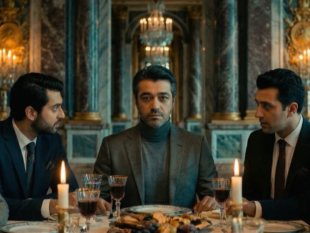 عصام كمال بكنزة رمادية مدورة العنق ينظر إلى الأمام جالس على مائدة طعام مضاءة بالشموع مع شخصين آخرين.