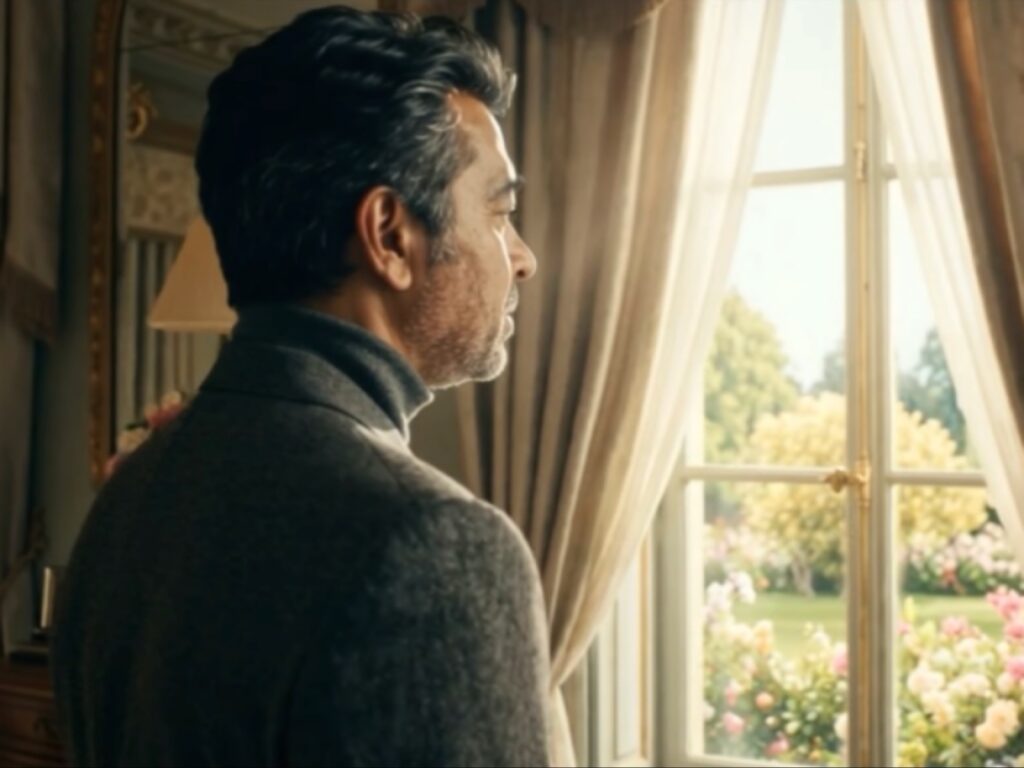 لقطة من الجلف للنجم عصام كمال بشعر رمادي يرتدي كنزة مدورة العنق ينظر بتمعن خارج نافذة تطل على حديقة ورود مشمسة، في مشهد من كليب أغنية ويعني لو.