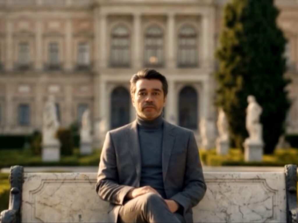 عصام كمال يرتدي سترة رمادية جالس بوقار على مقعد حجري أمام قصر كلاسيكي فاخر وحديقة.