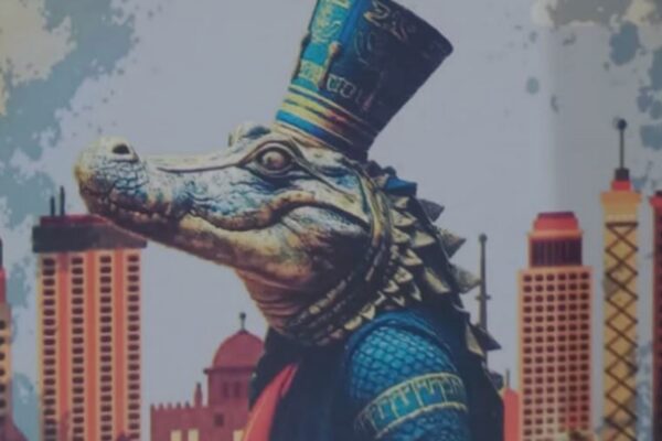 رسم فني سريالي لتمساح مجسم يرتدي تاجاً فرعونياً أزرق داكن وذهبياً مفصلاً، مع طوق (Usakh) وثوب مزخرف بالأزرق والأحمر. التمساح ينظر للأمام. في الخلفية، يظهر سكايلاين القاهرة الحديثة بوضوح، بما في ذلك برج القاهرة ومبنى ماسبيرو، تحت سماء رمادية محكمة. الأسلوب واقعي سريالي.