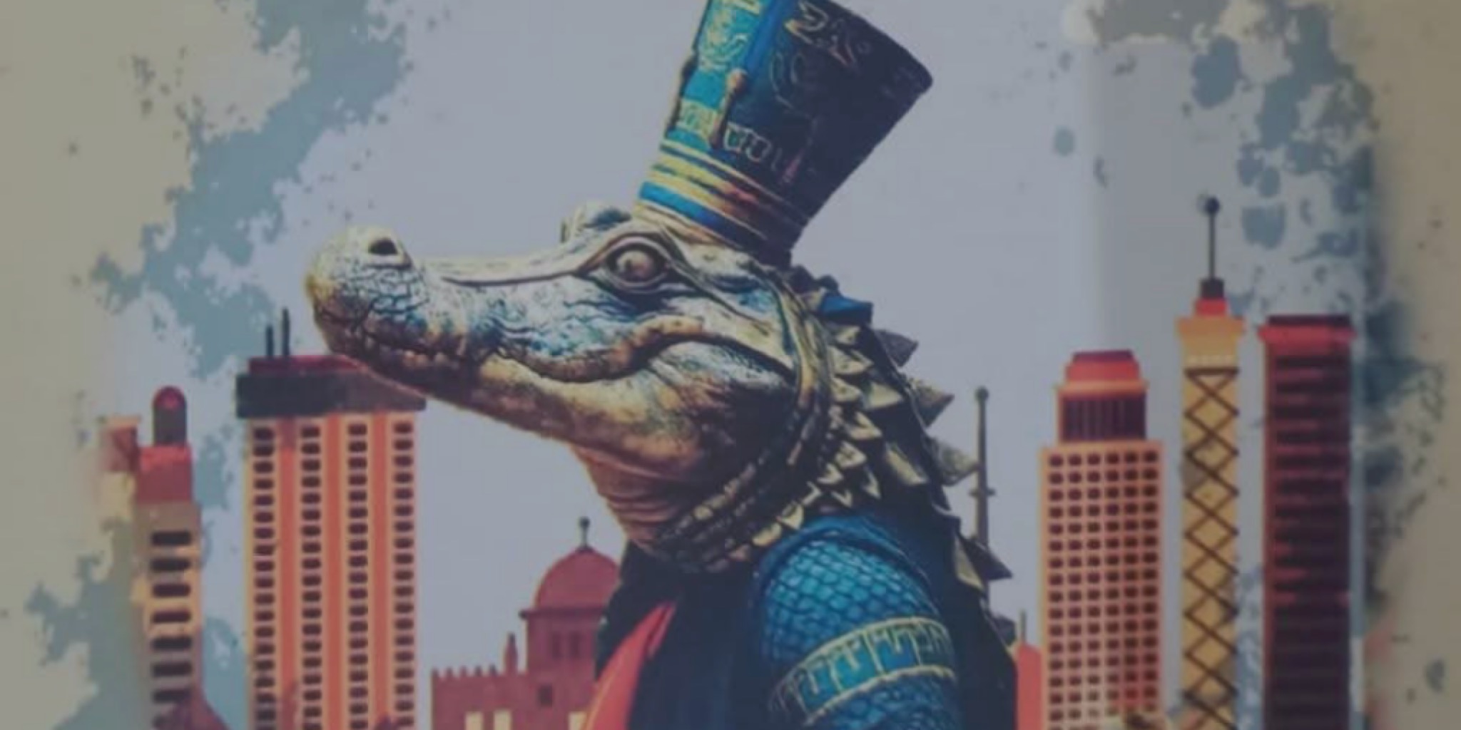 رسم فني سريالي لتمساح مجسم يرتدي تاجاً فرعونياً أزرق داكن وذهبياً مفصلاً، مع طوق (Usakh) وثوب مزخرف بالأزرق والأحمر. التمساح ينظر للأمام. في الخلفية، يظهر سكايلاين القاهرة الحديثة بوضوح، بما في ذلك برج القاهرة ومبنى ماسبيرو، تحت سماء رمادية محكمة. الأسلوب واقعي سريالي.