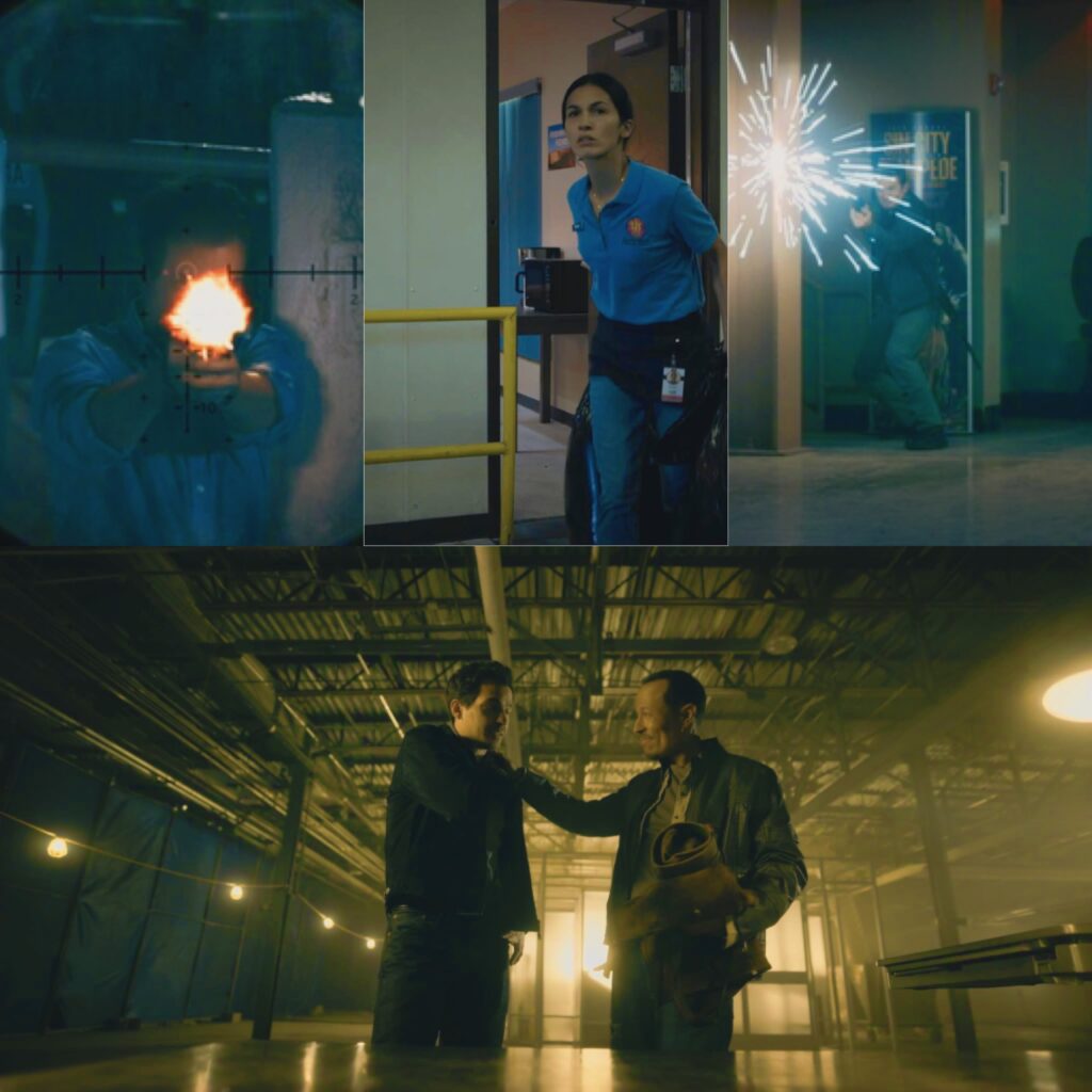 أربع لقطات درامية من مسلسل The Cleaning Lady تظهر إطلاق نار عبر منظار، وامرأة قلقة بالزي الرسمي، وشخصاً يهرب من الانفجارات، ورجلين في مستودع غامض.