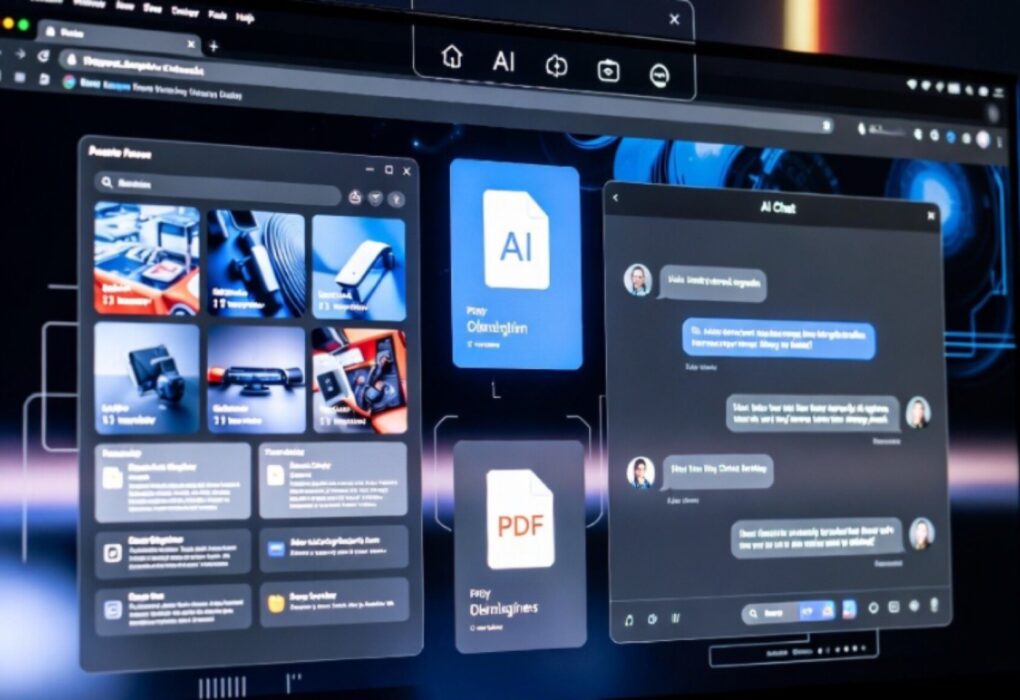 واجهة رقمية متطورة لمتصفح كروم تظهر أيقونات لملفات مختلفة ودردشة ذكاء اصطناعي تفاعلية توضح معالجة المعلومات المتعددة المصادر في تجربة البحث في Chrome لعام 2026.