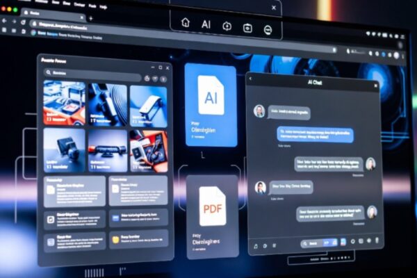 واجهة رقمية متطورة لمتصفح كروم تظهر أيقونات لملفات مختلفة ودردشة ذكاء اصطناعي تفاعلية توضح معالجة المعلومات المتعددة المصادر في تجربة البحث في Chrome لعام 2026.