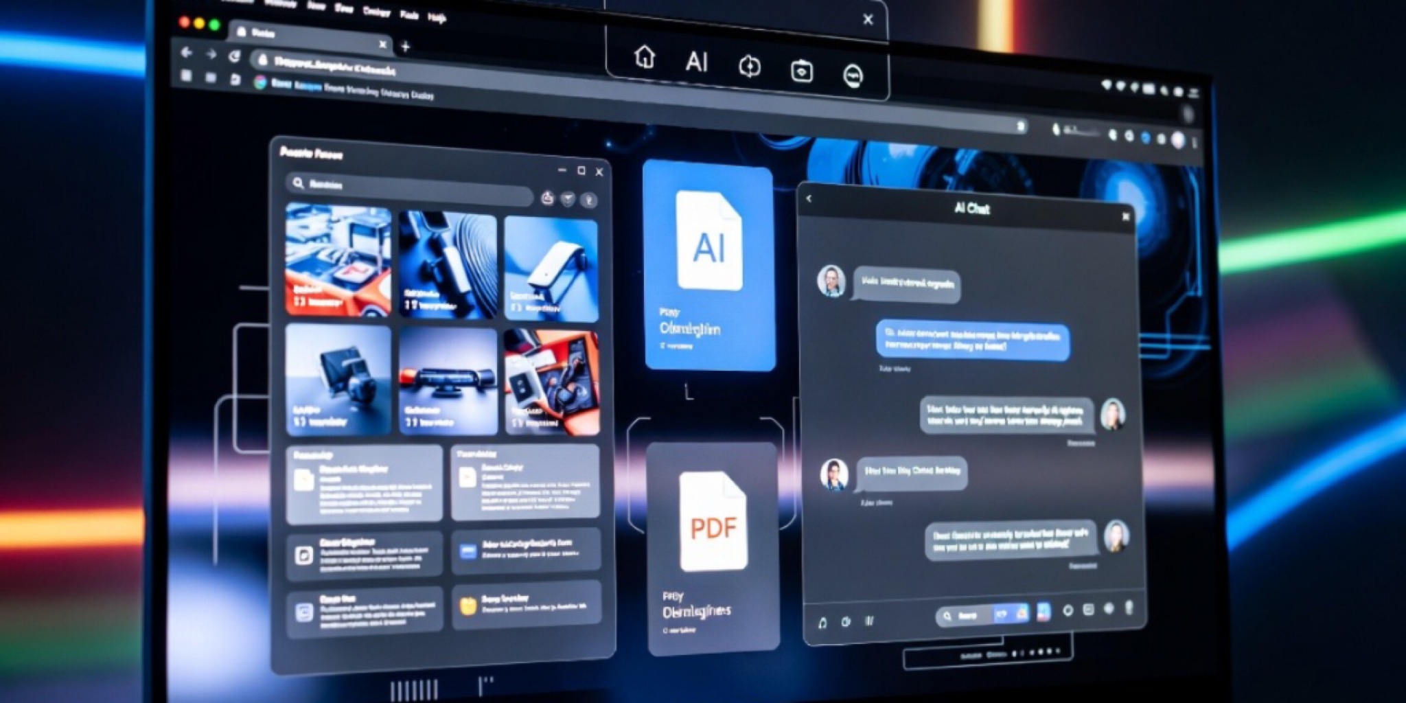 واجهة رقمية متطورة لمتصفح كروم تظهر أيقونات لملفات مختلفة ودردشة ذكاء اصطناعي تفاعلية توضح معالجة المعلومات المتعددة المصادر في تجربة البحث في Chrome لعام 2026.