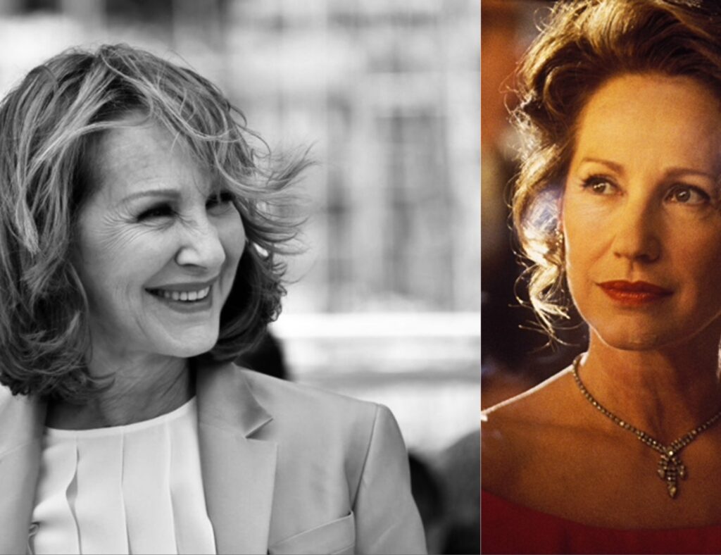 صورة مجمعة لناتالي باي تجمع بين بورتريه عفوي بالأبيض والأسود (يسار) ولقطة ملونة كلاسيكية بقلادة أنيقة (يمين).