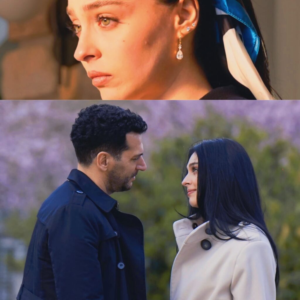 صورة مجمعة لمسلسل "ورود وذنوب" تضم لقطتين؛ الجزء العلوي بورتريه جانبي مقرب للممثلة جيمري بايسال بملامح حزينة، والجزء السفلي يجمع بين مراد يلدريم وجيمري بايسال وهما يتبادلان النظرات في حديقة عامة بملابس شتوية.