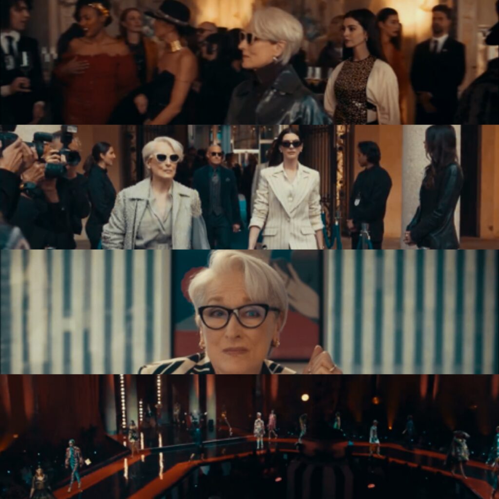 صورة مجمعة لأربعة لقطات من العرض العالمي الأول لفيلم "The Devil Wears Prada 2"، تظهر فيها ميريل ستريب وآن هاثاواي تسيران على السجادة الحمراء بين حشود، ولقطة متوسطة لميريل ستريب بملابس سوداء أنيقة، ولقطة مقربة لها وهي تتحدث بابتسامة، في إطار ترويجي لعرض الفيلم.