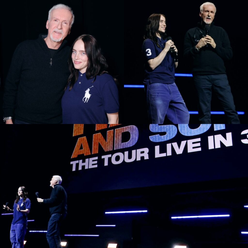 بيلي آيليش وجيمس كاميرون على مسرح CinemaCon 2026 أثناء إعلان فيلم الحفلة الثلاثي الأبعاد “Hit Me Hard and Soft: The Tour” Live in 3D.