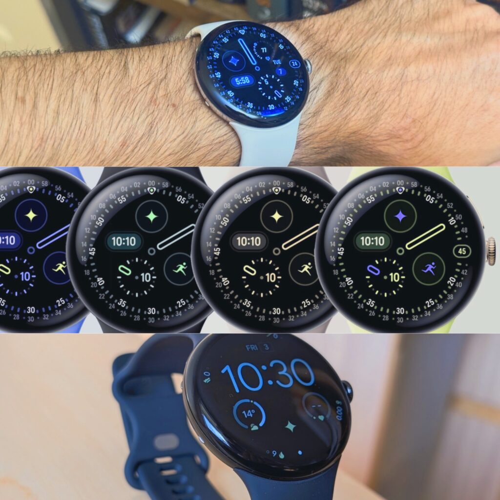 صورة مجمعة لـ ساعة Pixel Watch 4 تبرز النسخة البيضاء على المعصم، وتشكيلة من ألوان للواجهة (الأزرق، الأخضر، البيج، والأسود)، ولقطة مقربة للنسخة السوداء توضح تفاصيل الشاشة المنحنية.