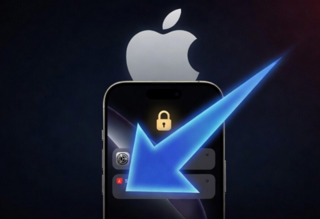 صورة لهاتف آيفون ضمن تحديث آبل الأمني الجديد يظهر عليه رمز قفل وسهم يشير إلى مركز الإشعارات مع شعار آبل في الخلفية للدلالة على الأمان الرقمي.